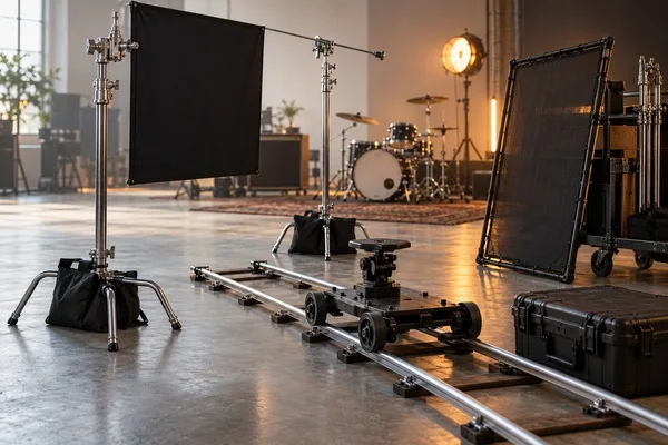 C-stands, flags, sandbags, and a camera dolly on tracks arranged in a studio with a drum kit in the background.